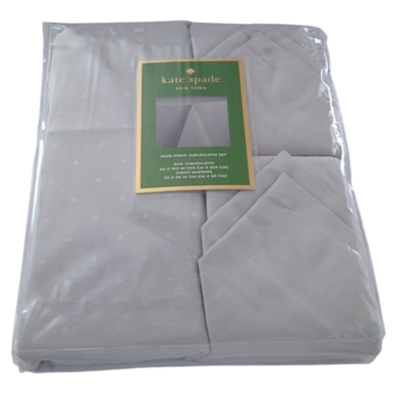 Kate Spade Soft Silver Gray Larabee Dot Tablecloth + 8 Napkins, 9pc Set - Picture 1 of 7